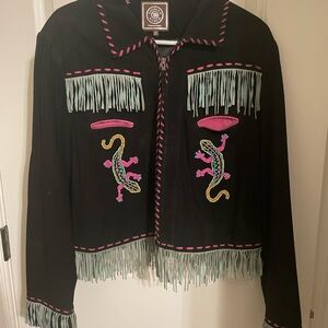 Vintage Double D Ranch Black and Pink Embroidered Fringe Jacket